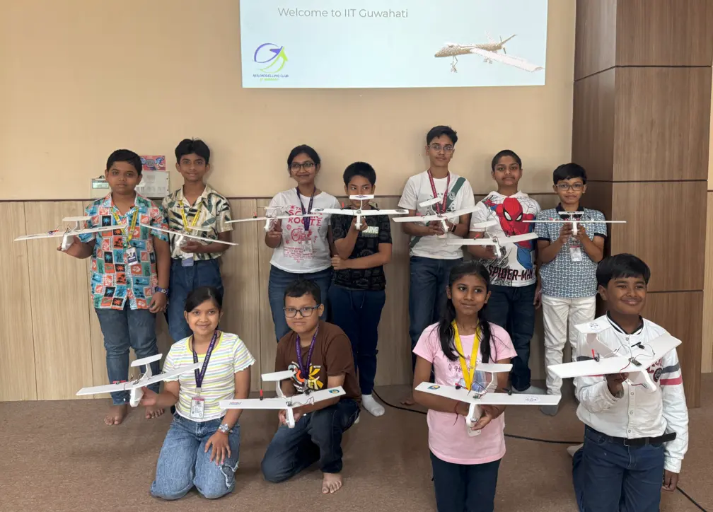 Students showcasing DIY aircraft built at AeroUdaan drone workshop - aerospace engineering camp
